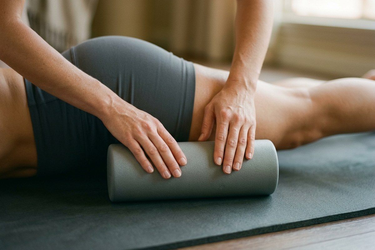 Gros plan sur des mains qui pratiquent un auto-massage de la hanche avec un rouleau de mousse