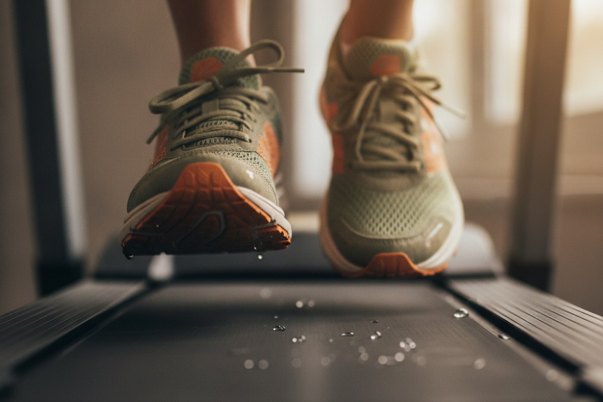 Gros plan sur des chaussures de running en pleine foulée sur la bande d'un tapis de course