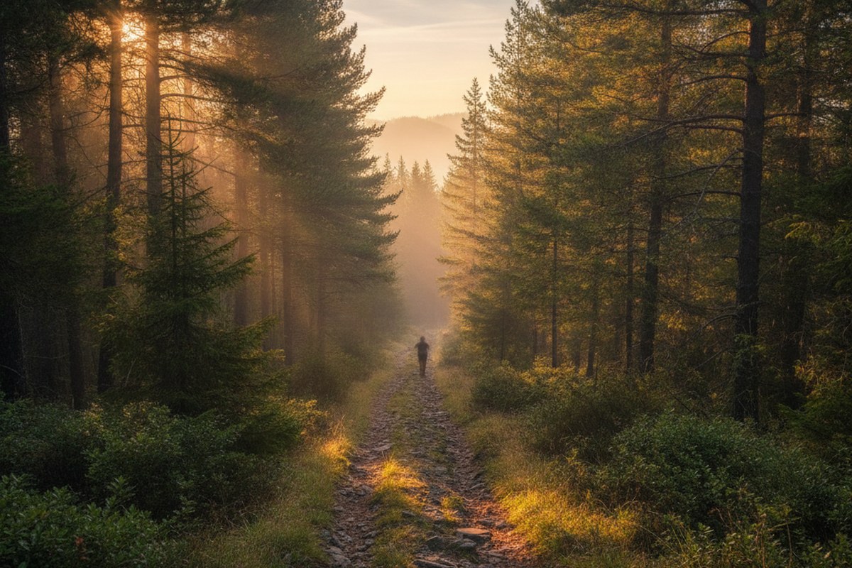 Sentier de montagne en sous-bois avec une pente descendante technique au lever du jour