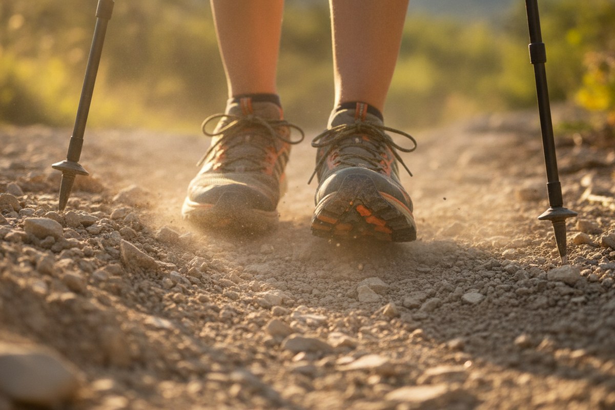 Gros plan sur des chaussures de trail et des bâtons en appui sur un sentier caillouteux en pente
