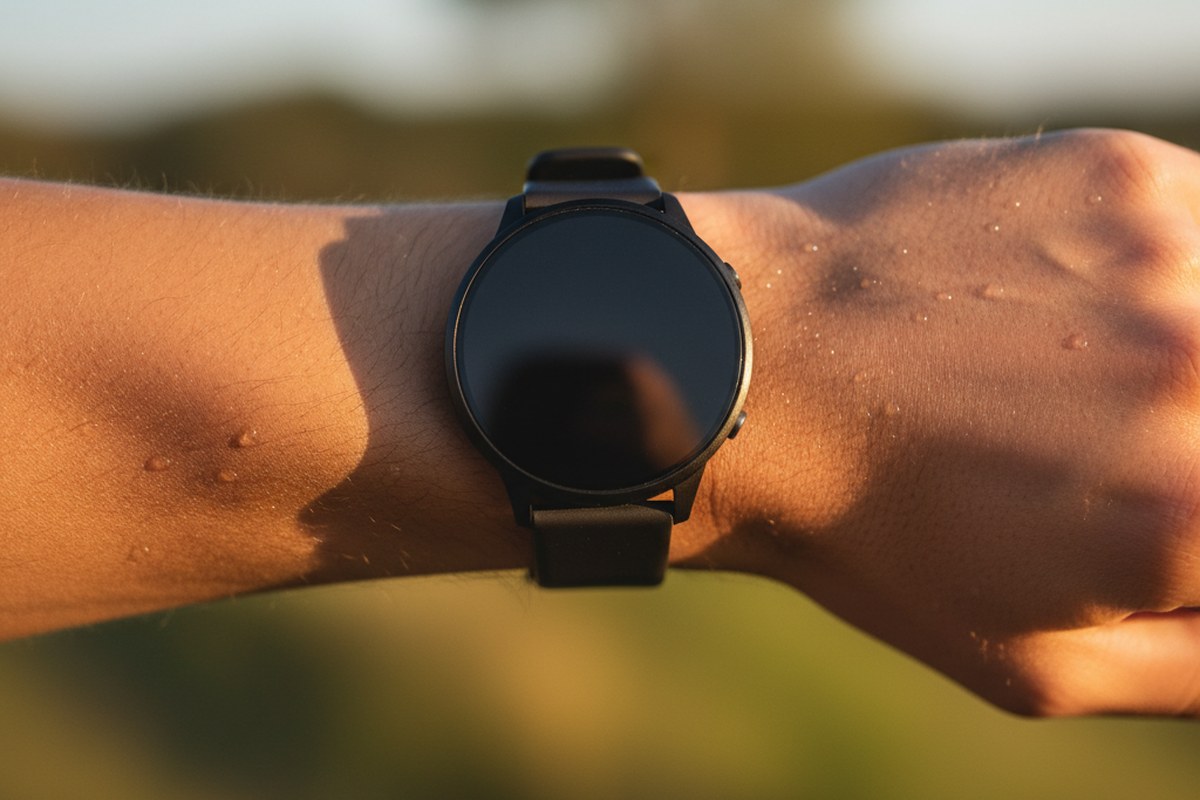 Montre GPS au poignet d'un coureur en lumière dorée