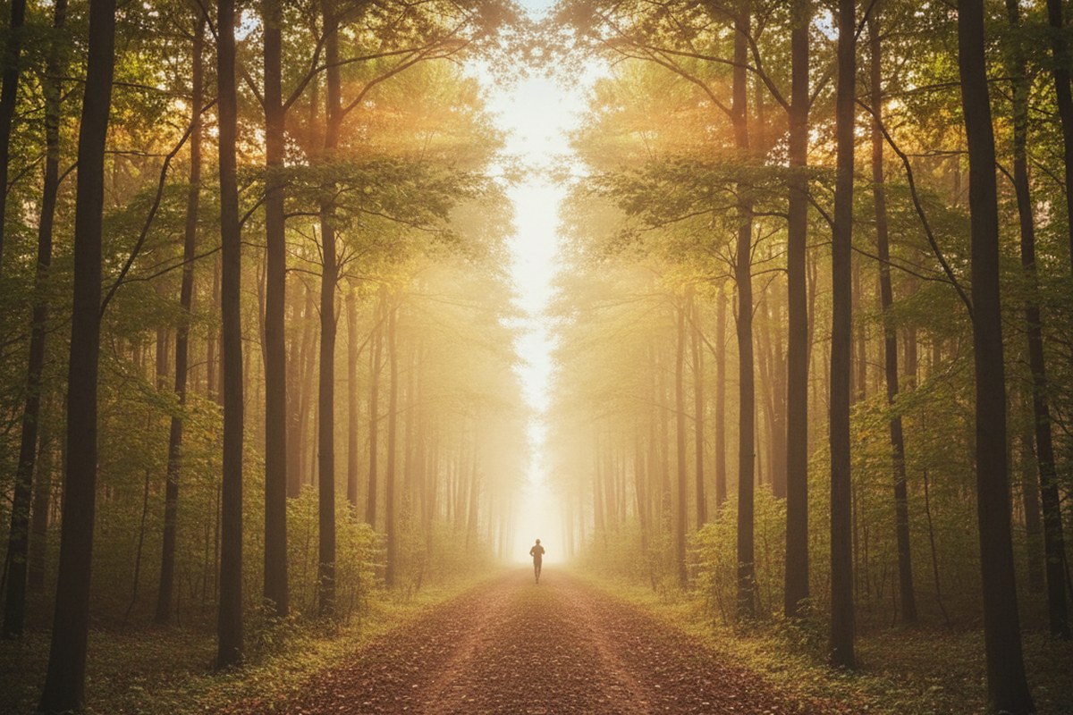 Sentier en forêt au lever du jour avec brume entre les arbres