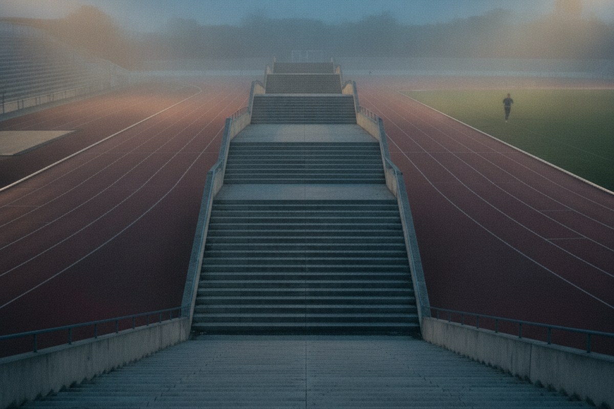 Escalier de stade vide à l'aube avec piste d'athlétisme dans la brume