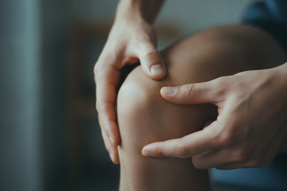 Mains qui palpent le tendon juste sous la rotule