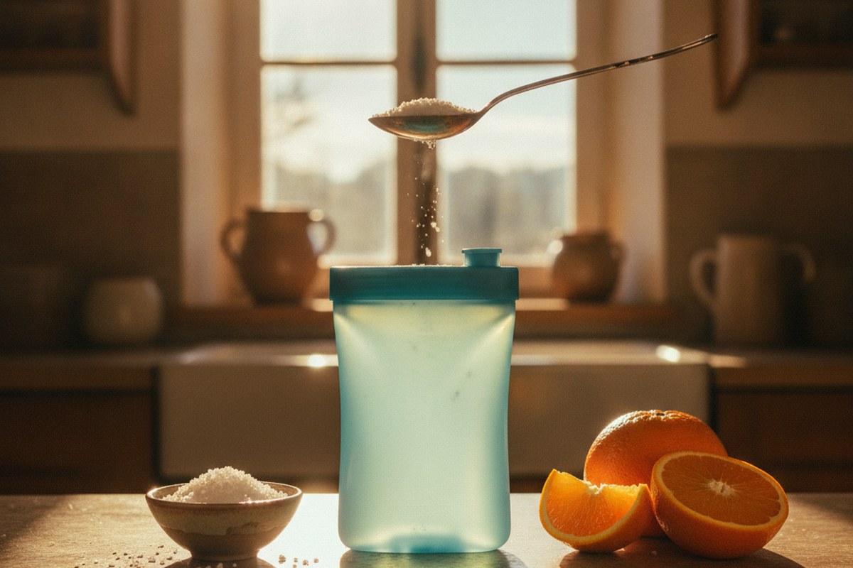 Cuisine lumineuse avec gourde, sel fin et fruits préparés pour une boisson de l'effort maison