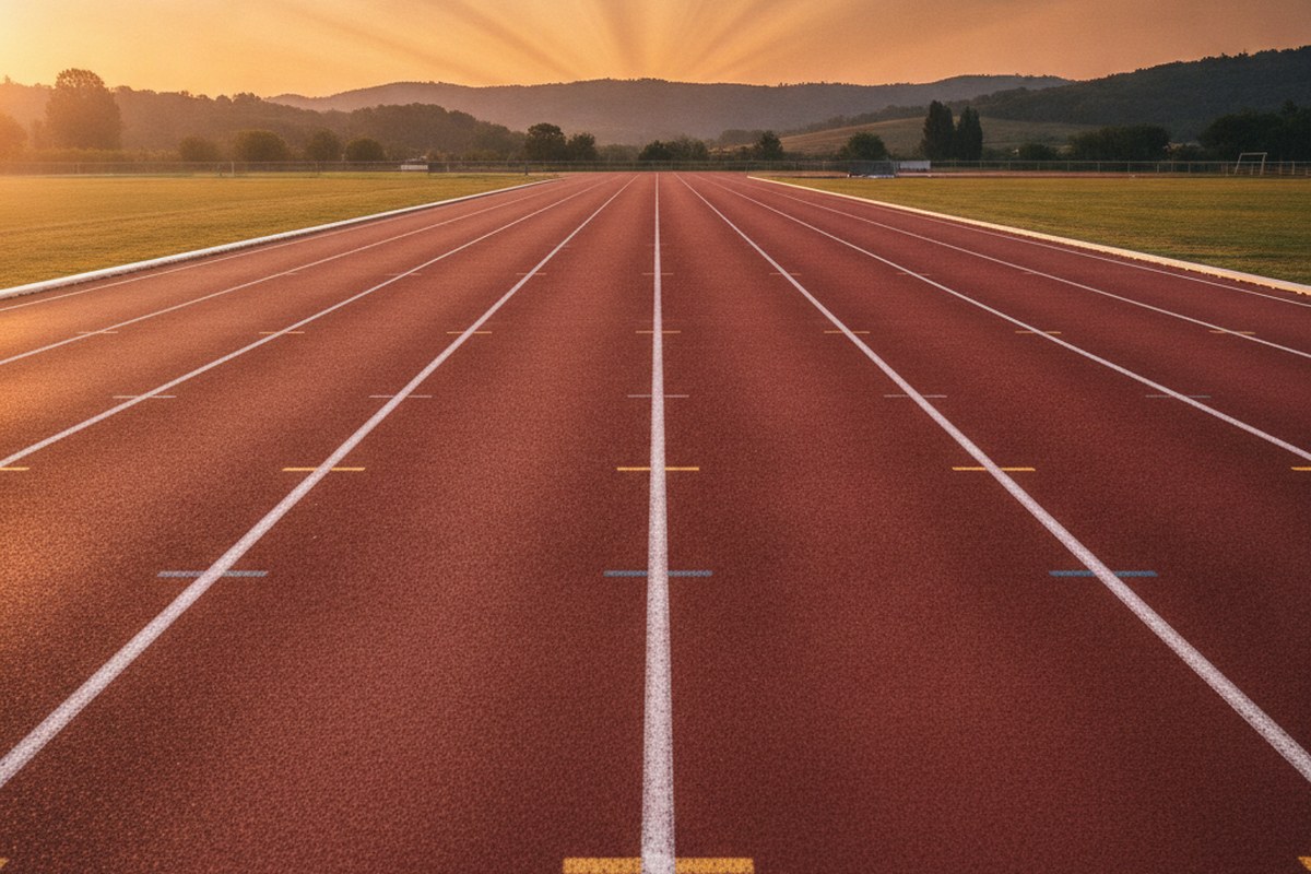 Piste d'athlétisme rouge vide à l'aube, lignes blanches convergeant vers l'horizon