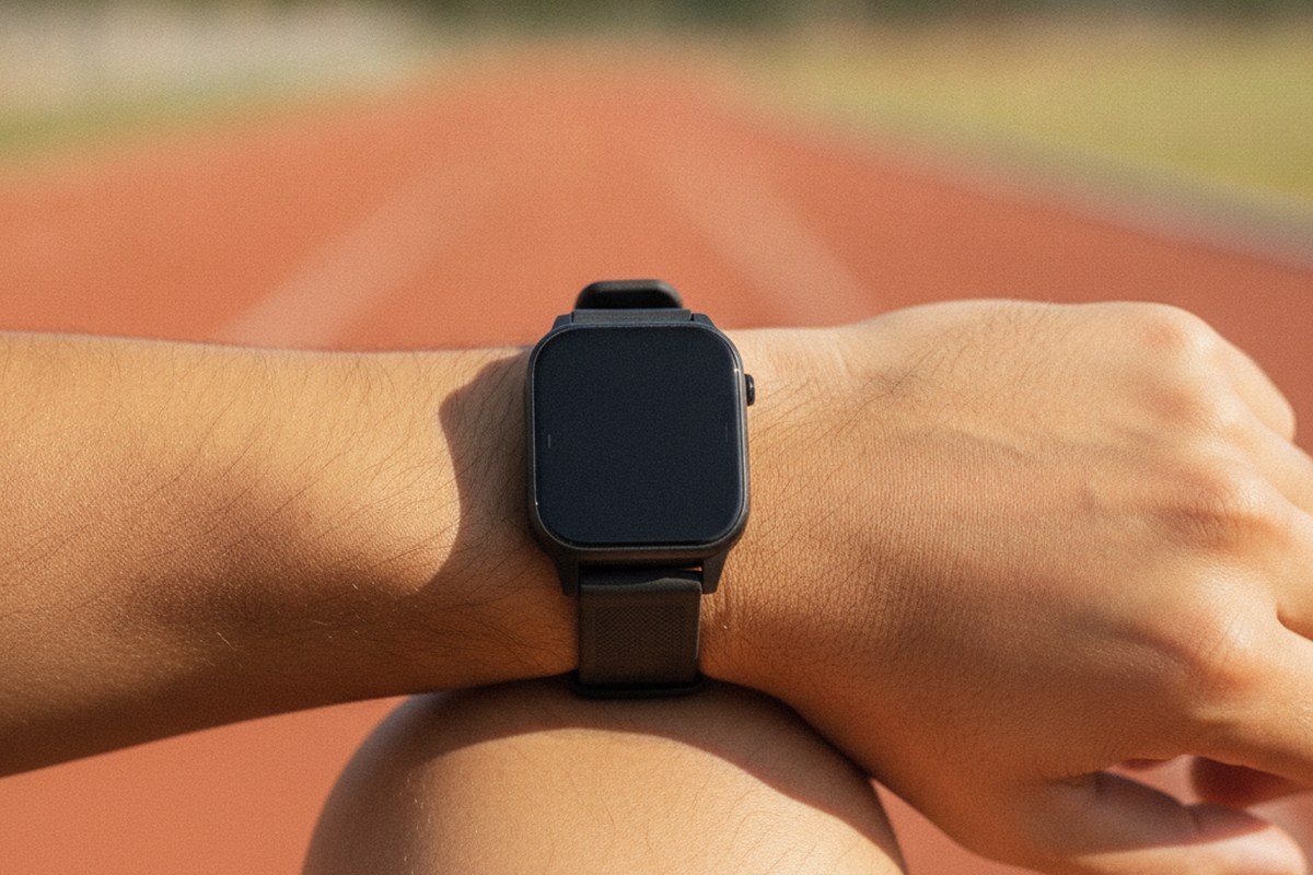 Gros plan d'une montre GPS noire au poignet d'un coureur sur piste rouge