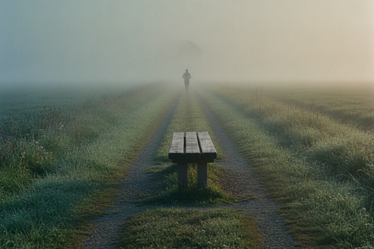 Banc en bois au bord d'un chemin de campagne dans la brume matinale, un coureur au loin