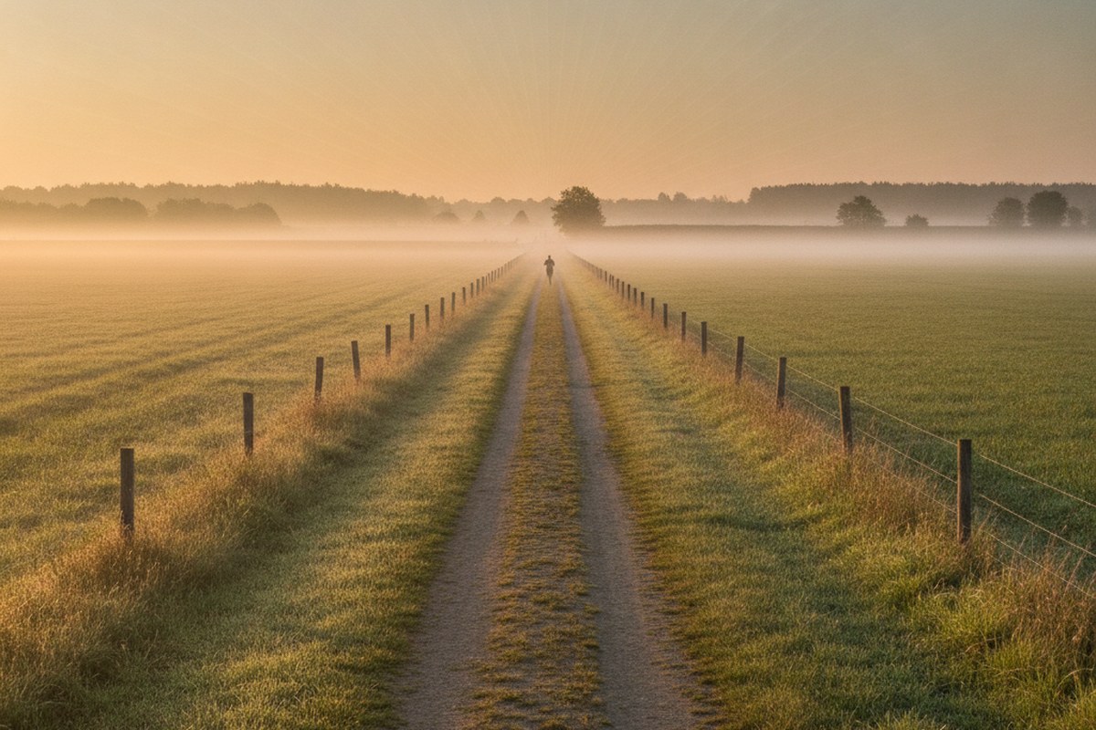 Chemin de campagne désert dans la brume au lever du soleil