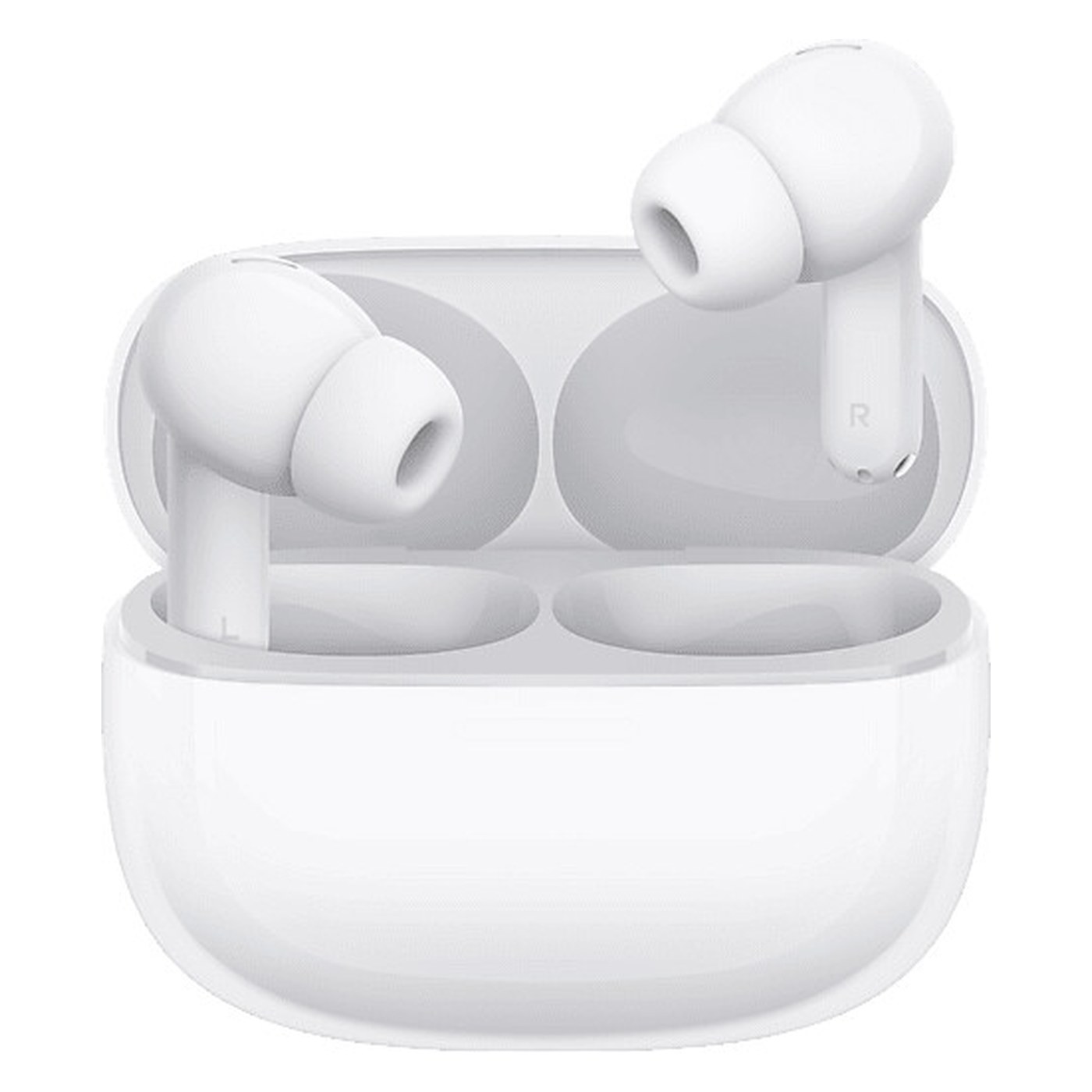 Xiaomi Redmi Buds 8 Pro dans leur boîtier de charge ouvert, coloris blanc