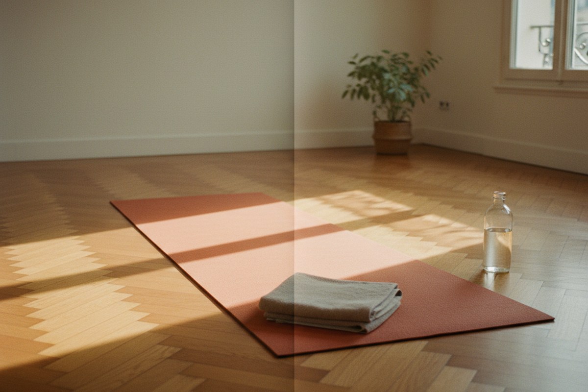 Tapis de yoga déroulé sur un parquet, serviette pliée et bouteille d'eau, lumière de fin d'après-midi