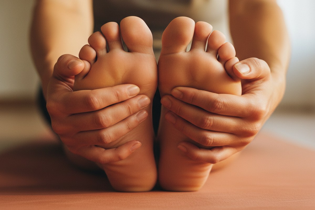 Mains qui enveloppent les pieds en posture de pince assise, lumière chaude d'intérieur