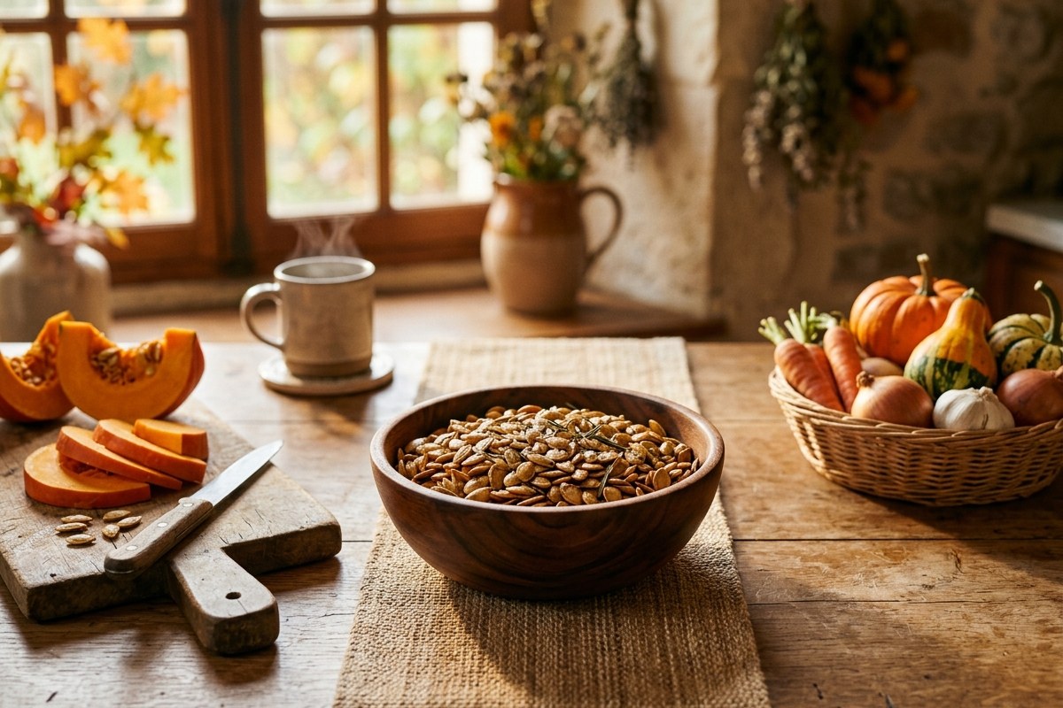 Graines de courge, légumes d'automne et produits frais sur un plan de travail en bois baigné de lumière du matin