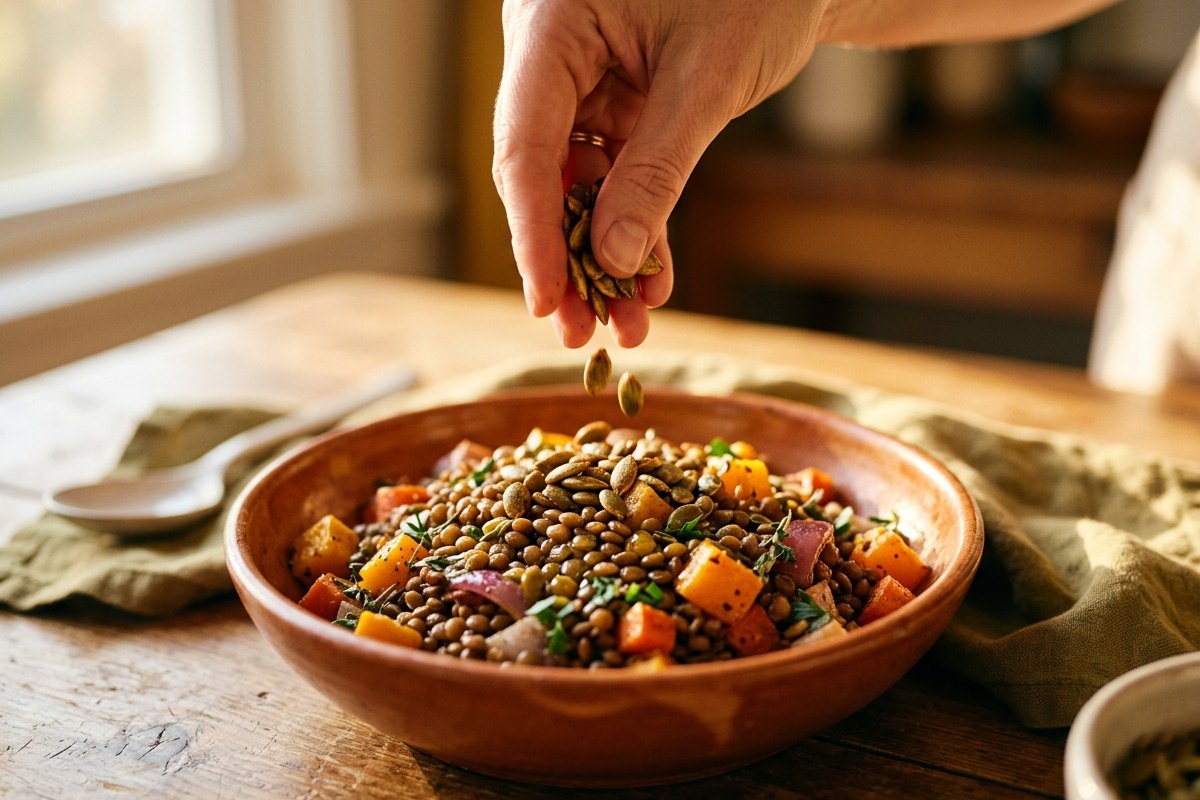 Une main verse des graines de courge grillées sur un bol de lentilles et de légumes d'automne